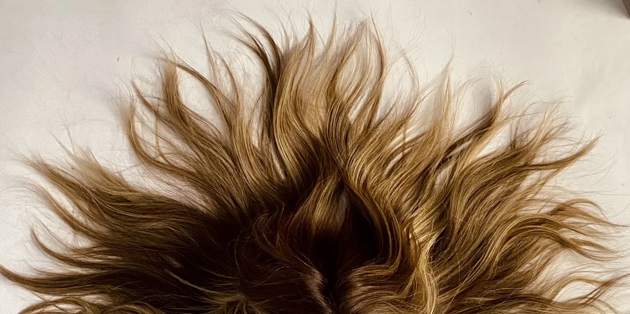 Cabelo longo com mechas iluminadas espalhado em raios sobre fundo claro
